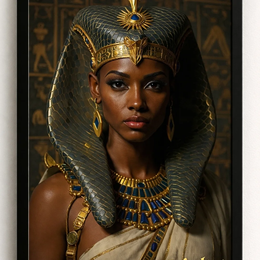 Egyptian Queen Costume with Gold and Blue Accents In A Glass Front Frame 8x10 - Picture 1 of 2